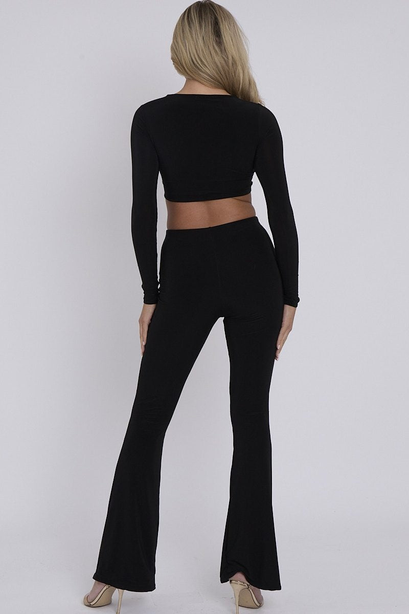 Black Cut Out Twist Front Crop Top & Flared Trouser Co-ord - Lora - Storm Desire