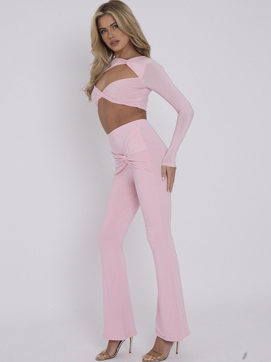Pink Cut Out Twist Front Crop Top & Flared Trouser Co-ord - Lora - Storm Desire