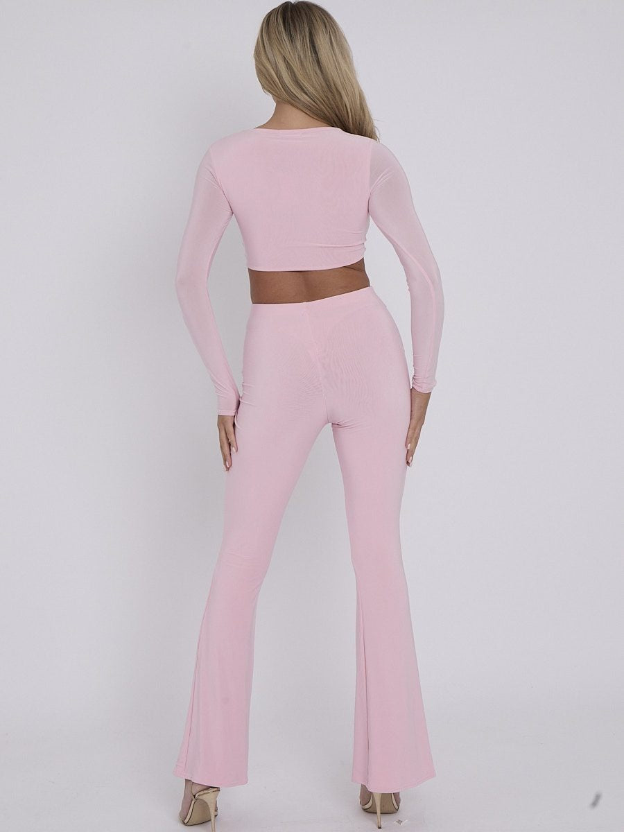 Pink Cut Out Twist Front Crop Top & Flared Trouser Co-ord - Lora - Storm Desire