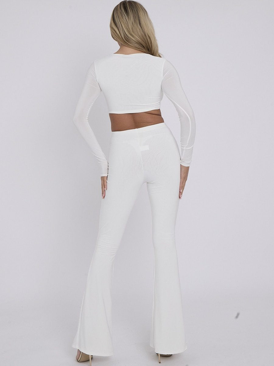 Off White Cut Out Twist Front Crop Top & Flared Trouser Co-ord - Lora - Storm Desire