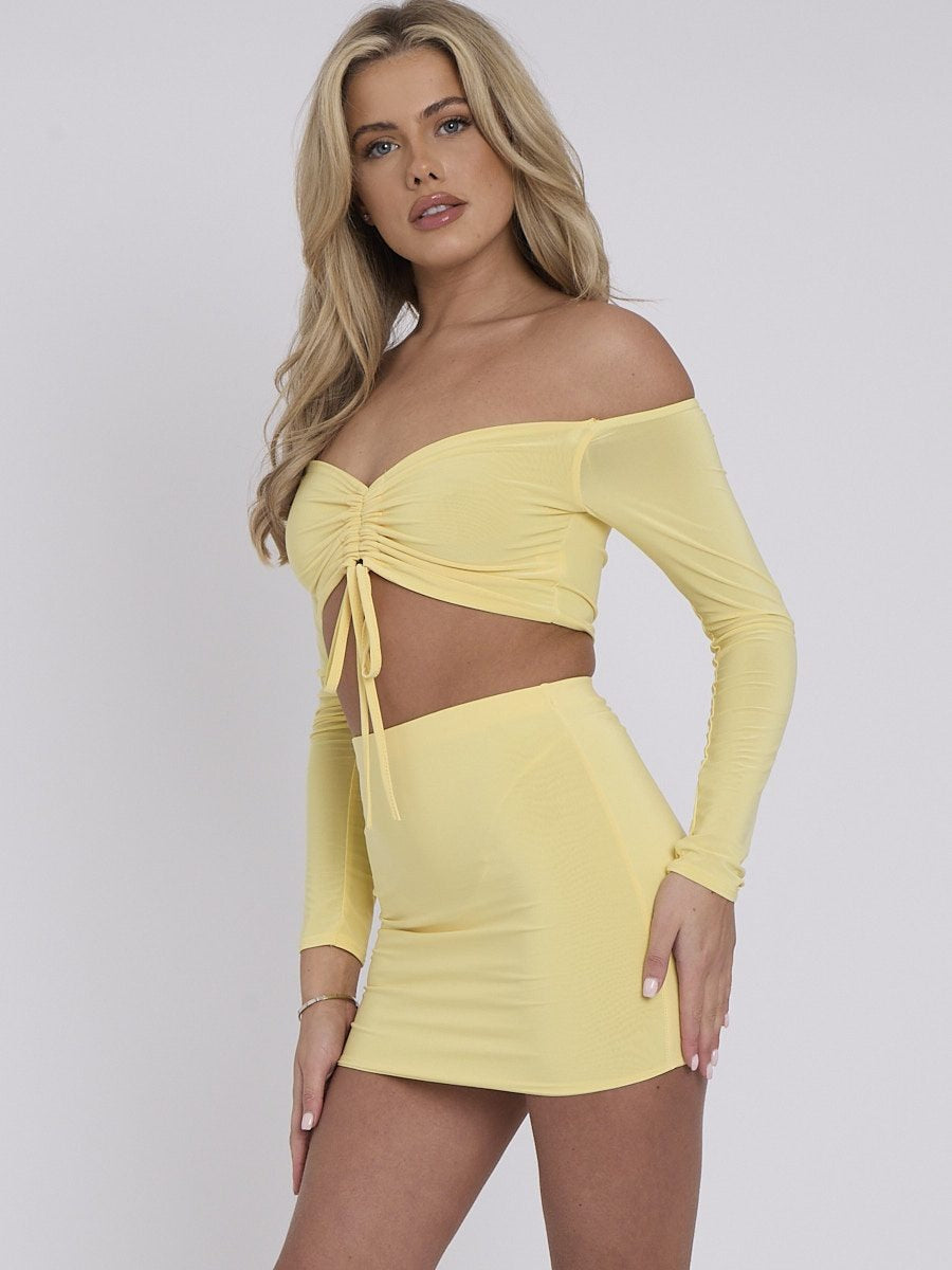 Yellow Slinky Ruched Bardot Crop Top & Mini Skirt Co-ord - Lucy - Storm Desire