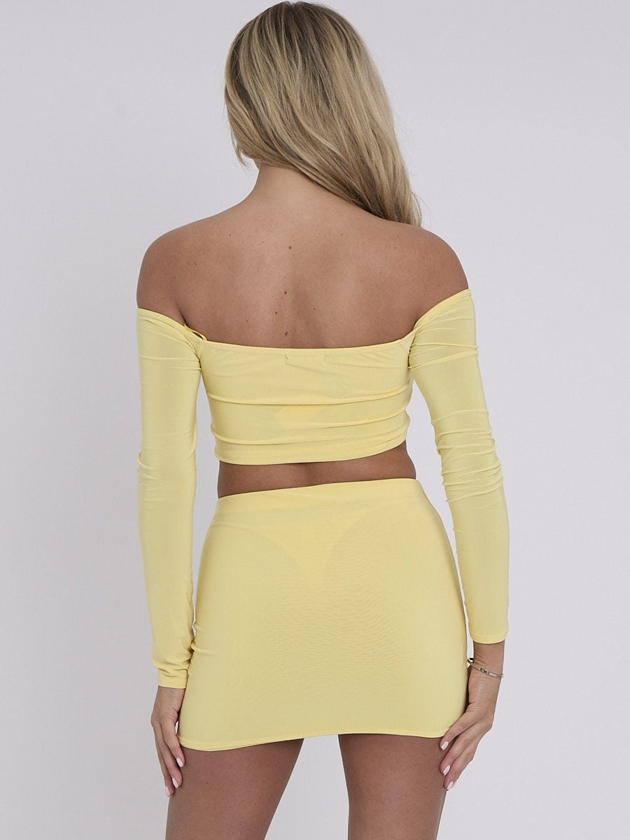 Yellow Slinky Ruched Bardot Crop Top & Mini Skirt Co-ord - Lucy - Storm Desire