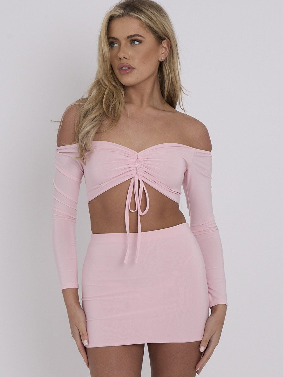 Pink Slinky Ruched Bardot Crop Top & Mini Skirt Co-ord - Lucy - Storm Desire