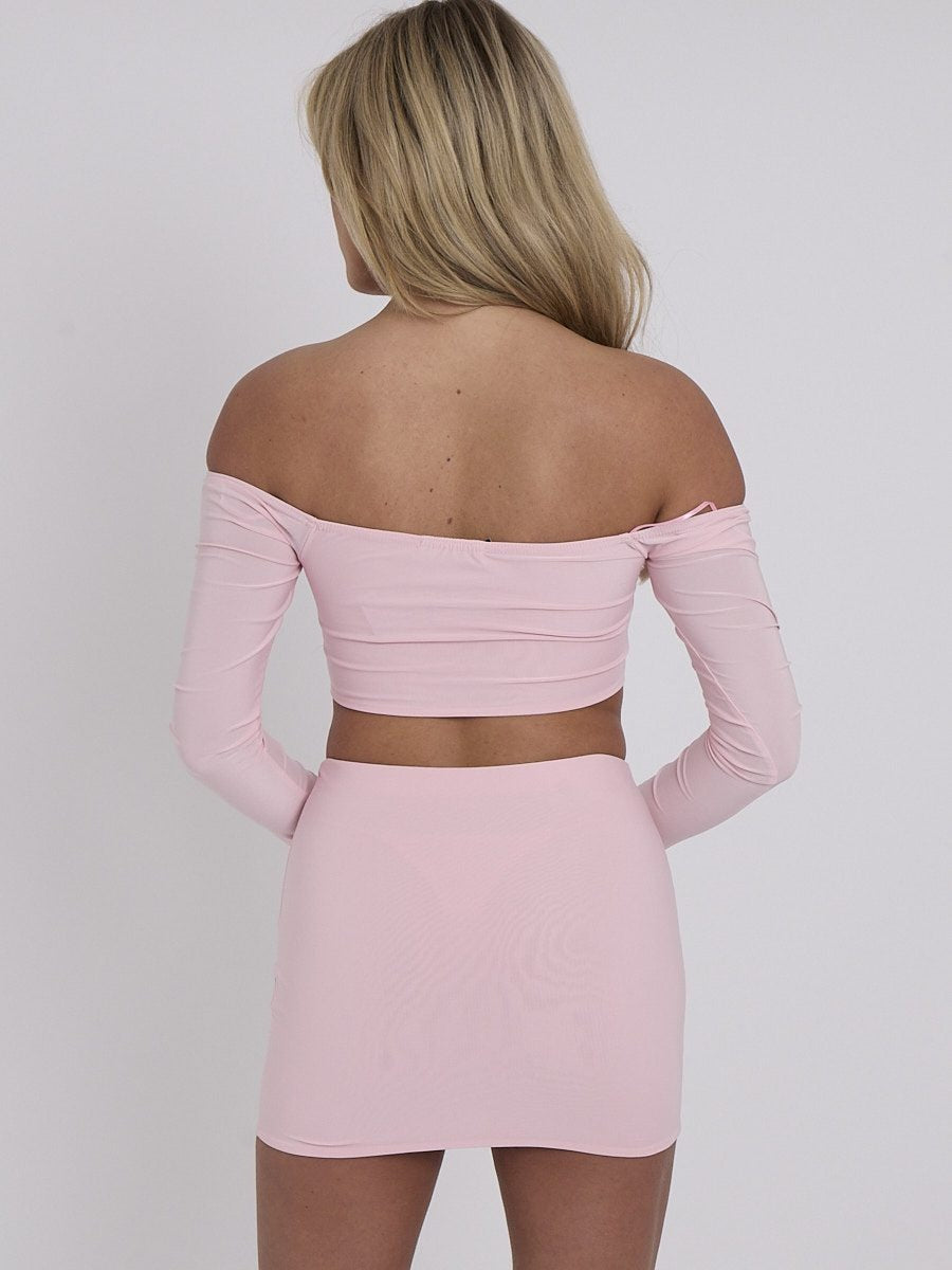Pink Slinky Ruched Bardot Crop Top & Mini Skirt Co-ord - Lucy - Storm Desire