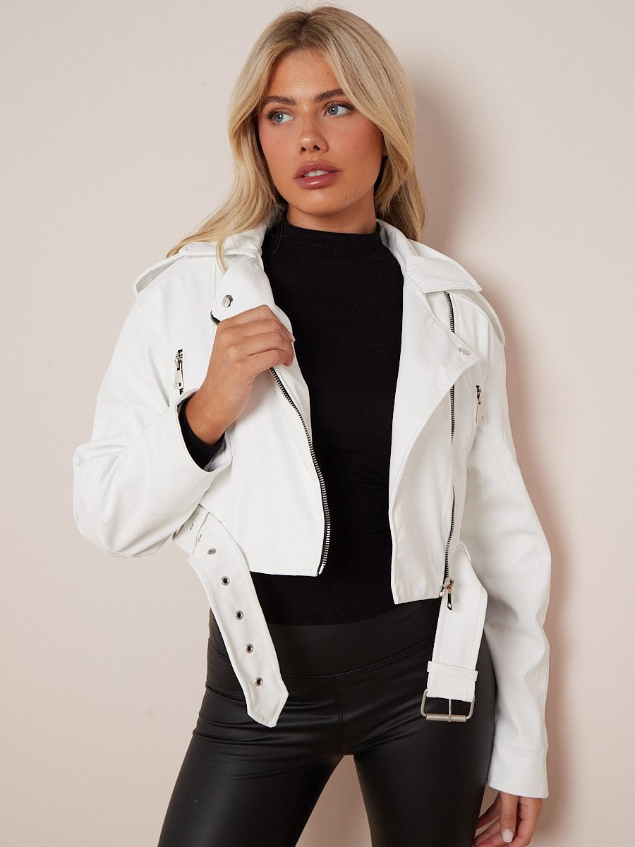 White Faux Leather Zipped Biker Jacket - Juniper - Storm Desire