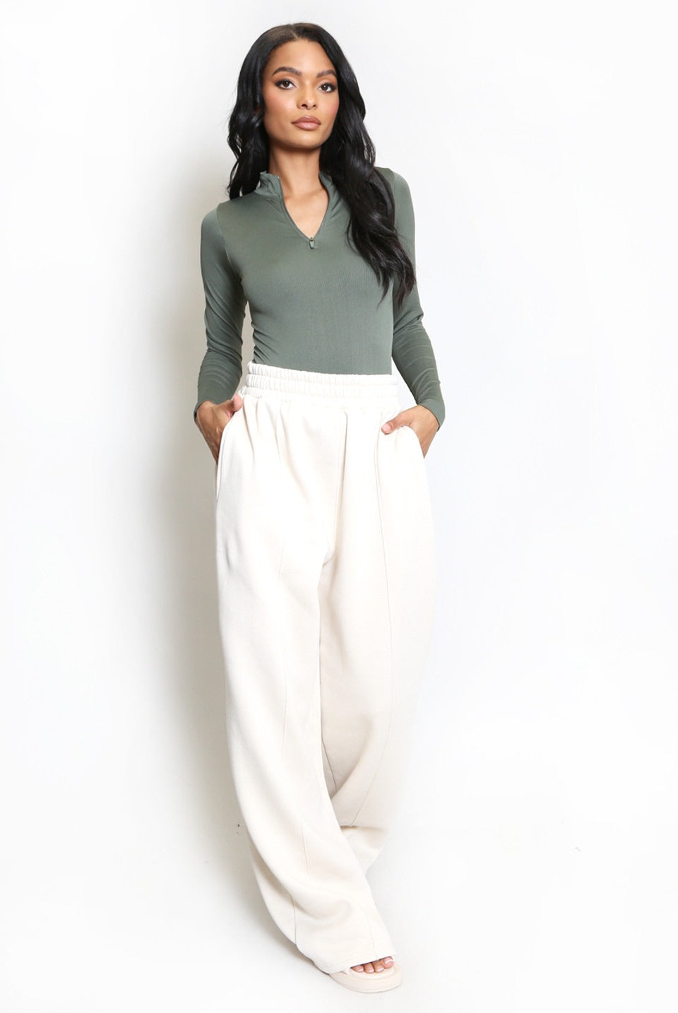 Khaki Green Half Zip Front Ribbed Bodysuit - Hunter - Storm Desire