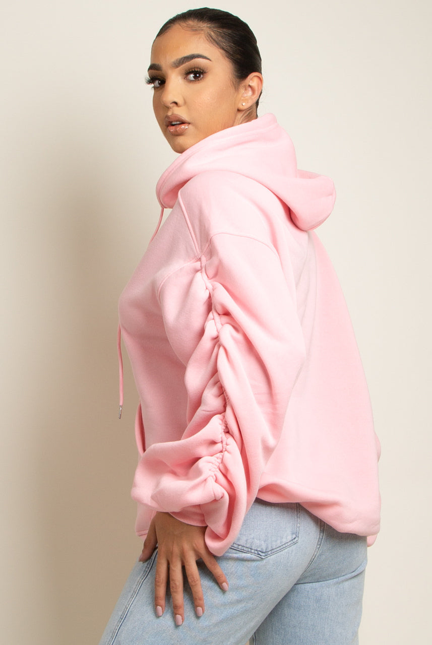 Baby Pink Ruched Sleeve Hooded Sweatshirt - Kora - Storm Desire