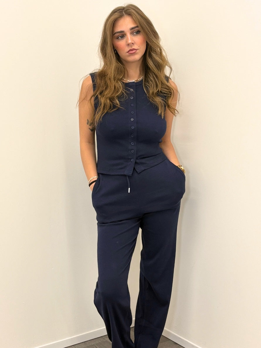 Ribbed Sleeveless Button Up Top & Wide Leg Trouser Co-ord - Karina