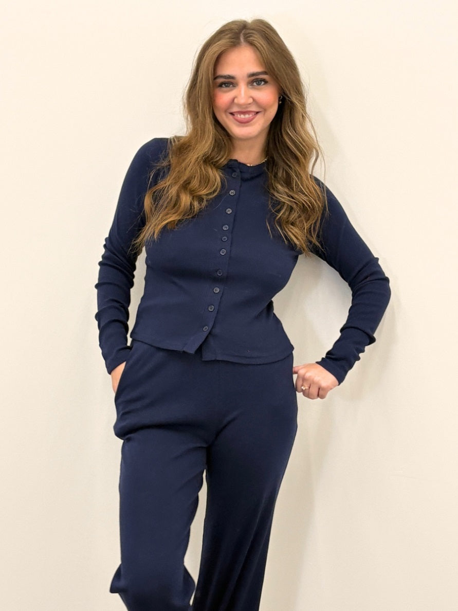 Ribbed Button Up Top & Wide Leg Trouser Co-ord - Mae