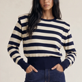 Padded-shoulder striped jumper, navy and cream long-sleeve sweater with round neck