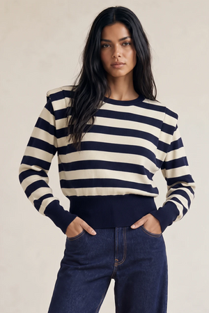 Padded-shoulder striped jumper, navy and cream long-sleeve sweater with round neck