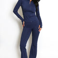 Active zip top and flare trouser set, navy blue, front view