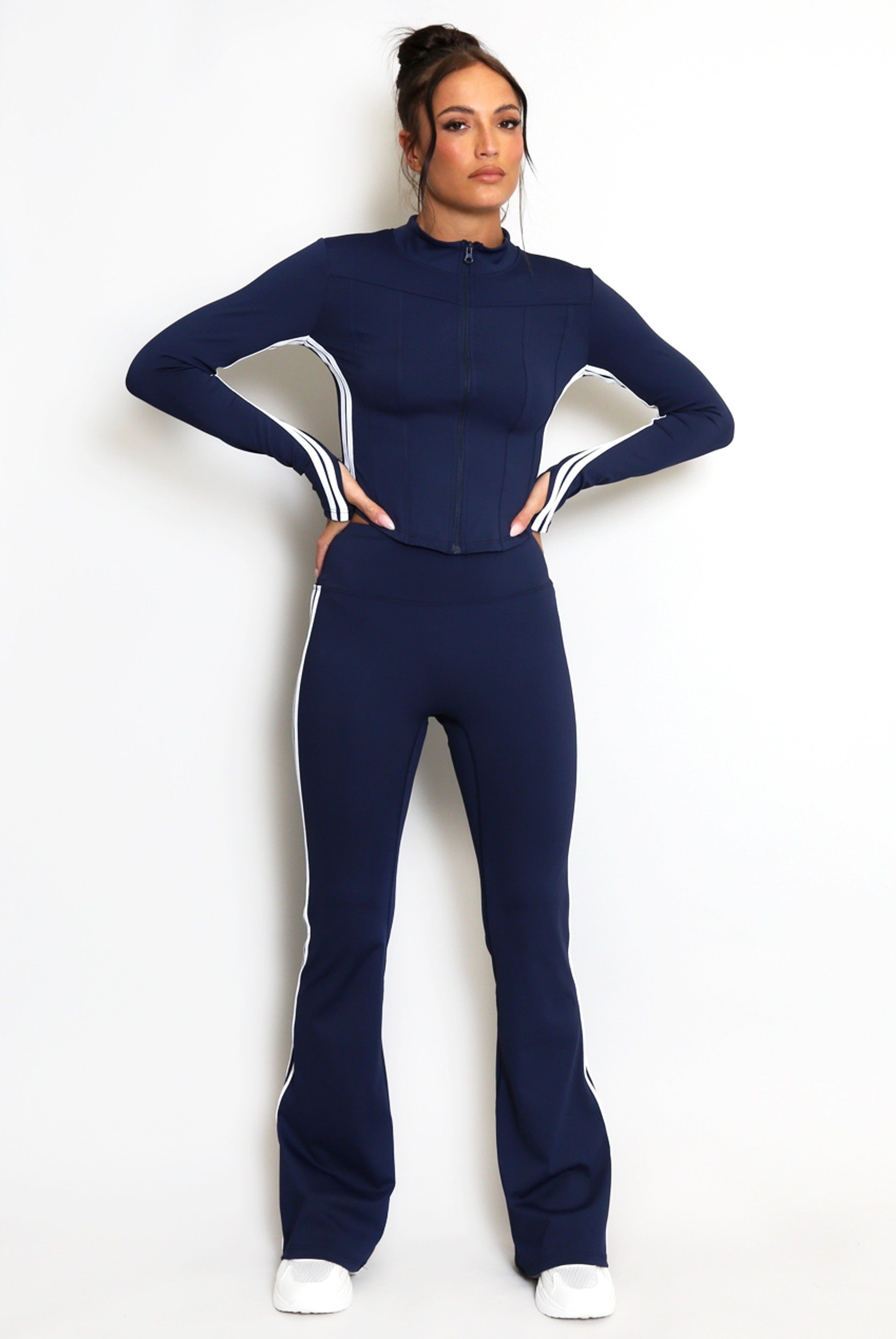Zip Top And Side Stripe Flare Leg Gym Set - Kyla - Storm Desire