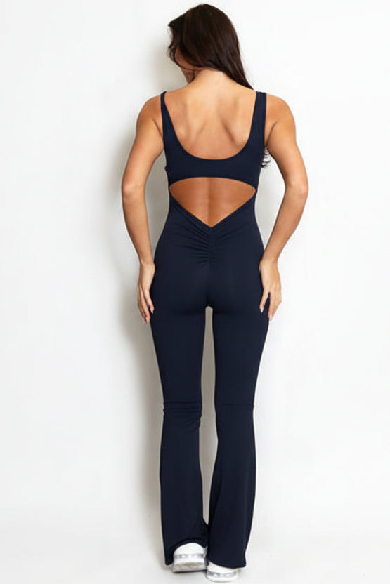 Black Cut Out Back Ruched Pushup Jumpsuit - Adele