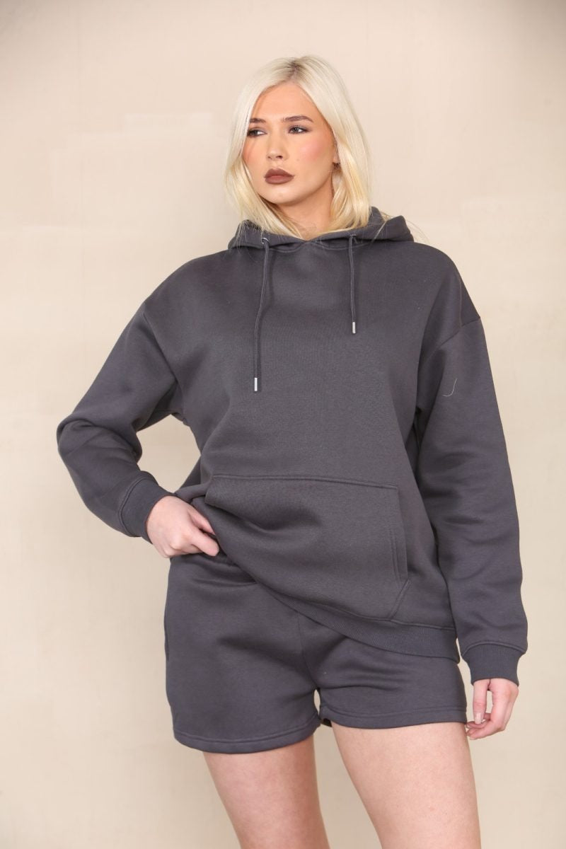 Charcoal Grey Oversized Hoodie & Shorts Fleece Co-ord - Eliana - Storm Desire