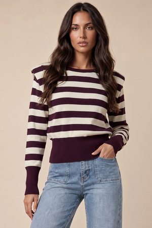 Padded-shoulder striped jumper, wine and cream long-sleeve sweater with round neck
