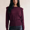 Women's wine fine-knit jumper with padded shoulders, long sleeves and crew neck