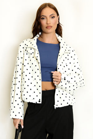 Cream polka dot lightweight jacket with stand collar and front zip