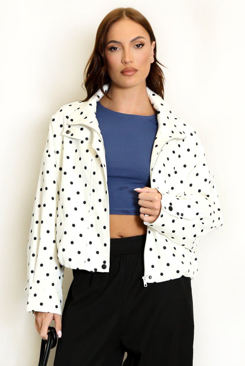 Cream polka dot lightweight jacket with stand collar and front zip