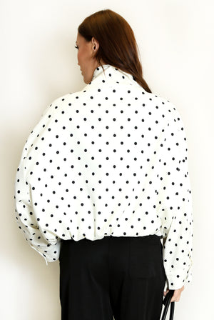 Cream polka dot lightweight jacket, full back view with stand collar and zip