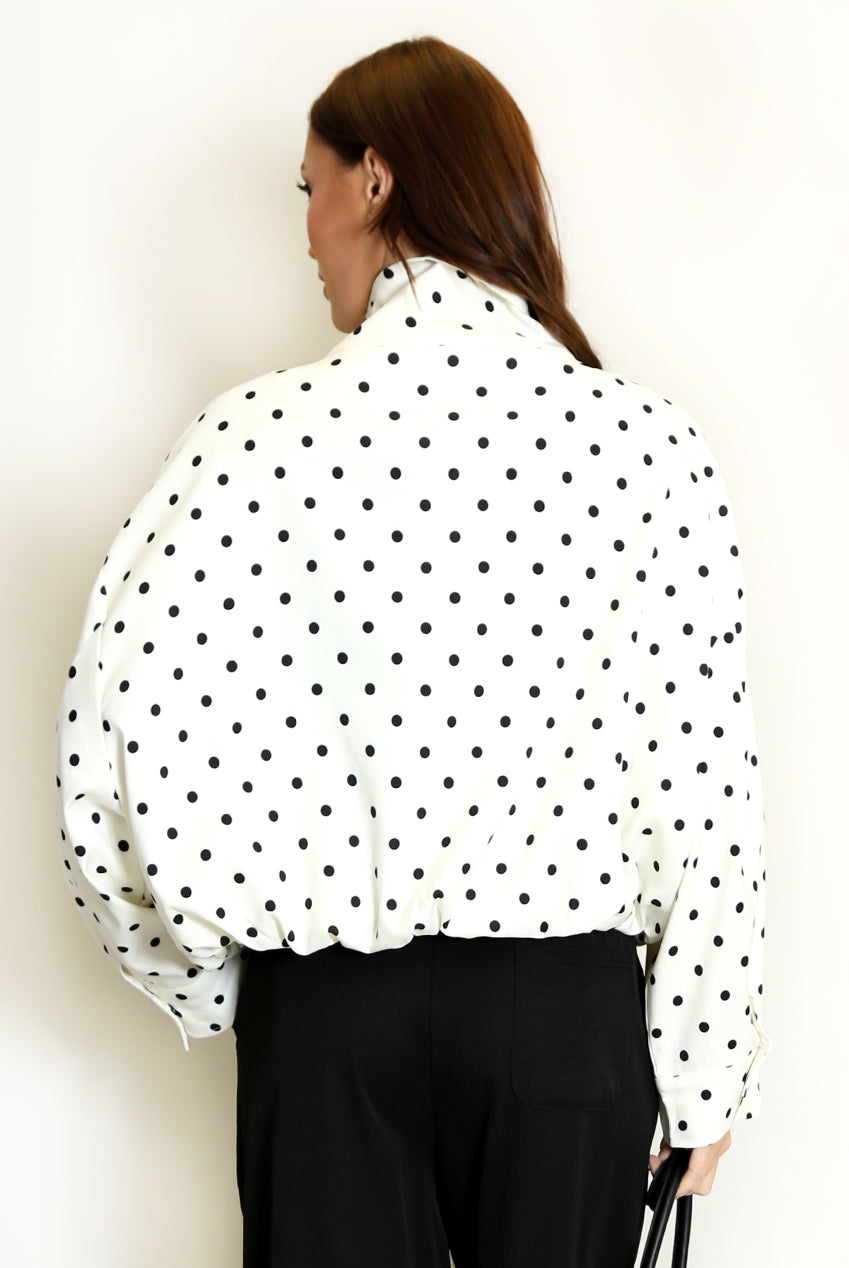 Cream polka dot lightweight jacket, full back view with stand collar and zip