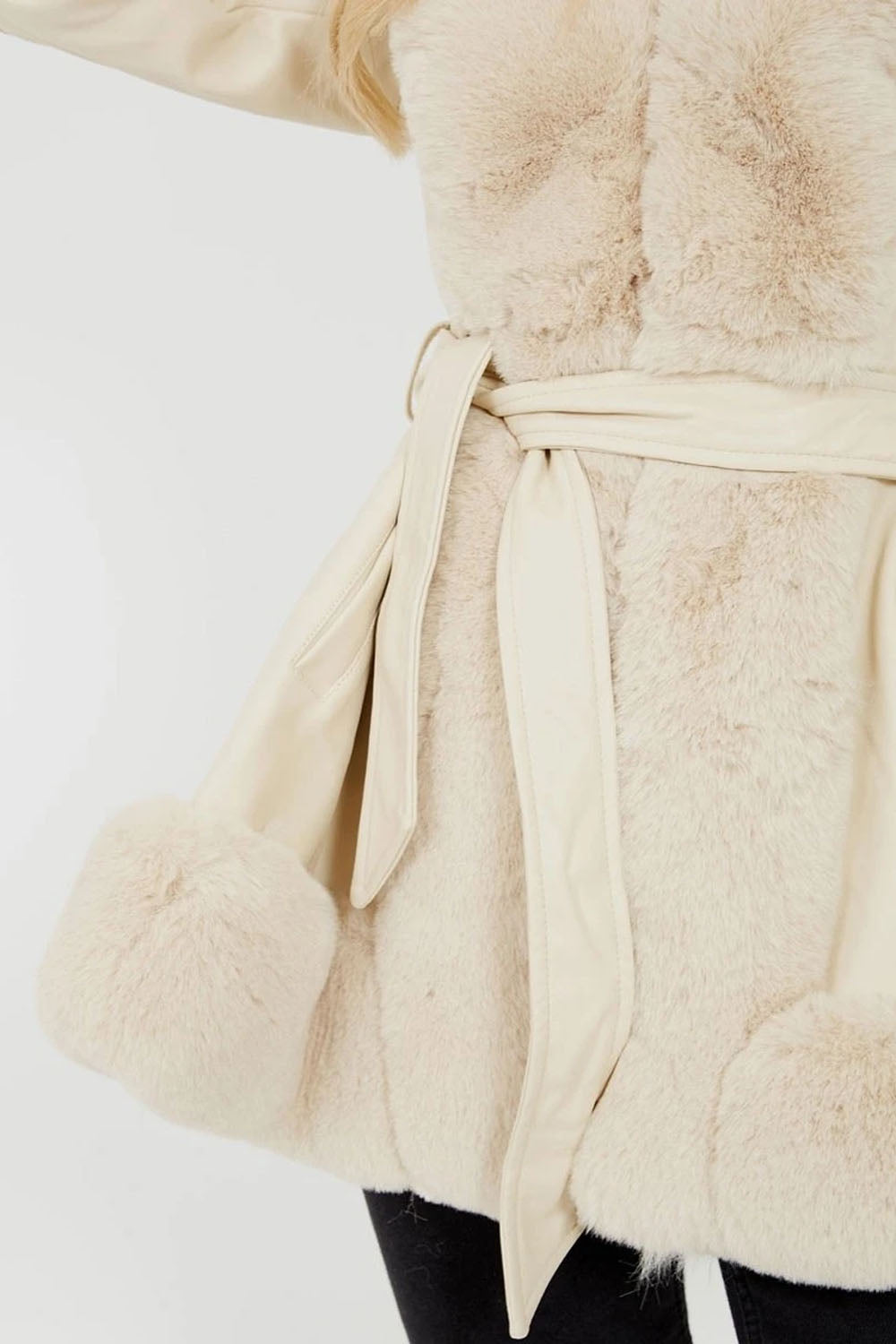Beige Faux Fur Trim Pu Swing Coat - Cordelia - Storm Desire