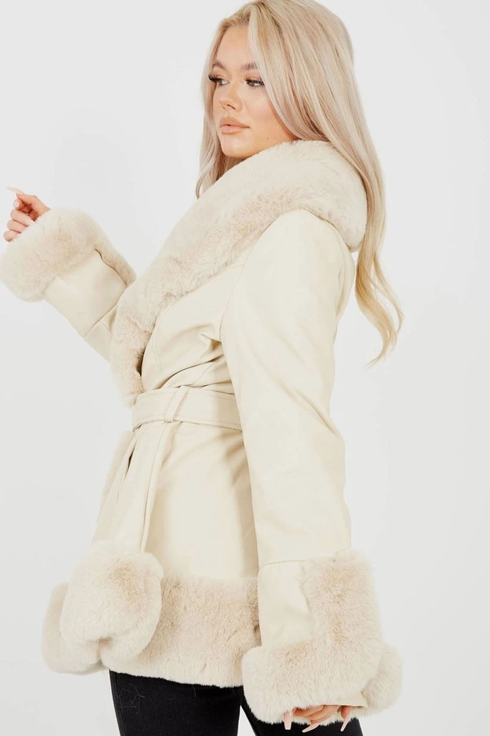 Beige Faux Fur Trim Pu Swing Coat - Cordelia - Storm Desire