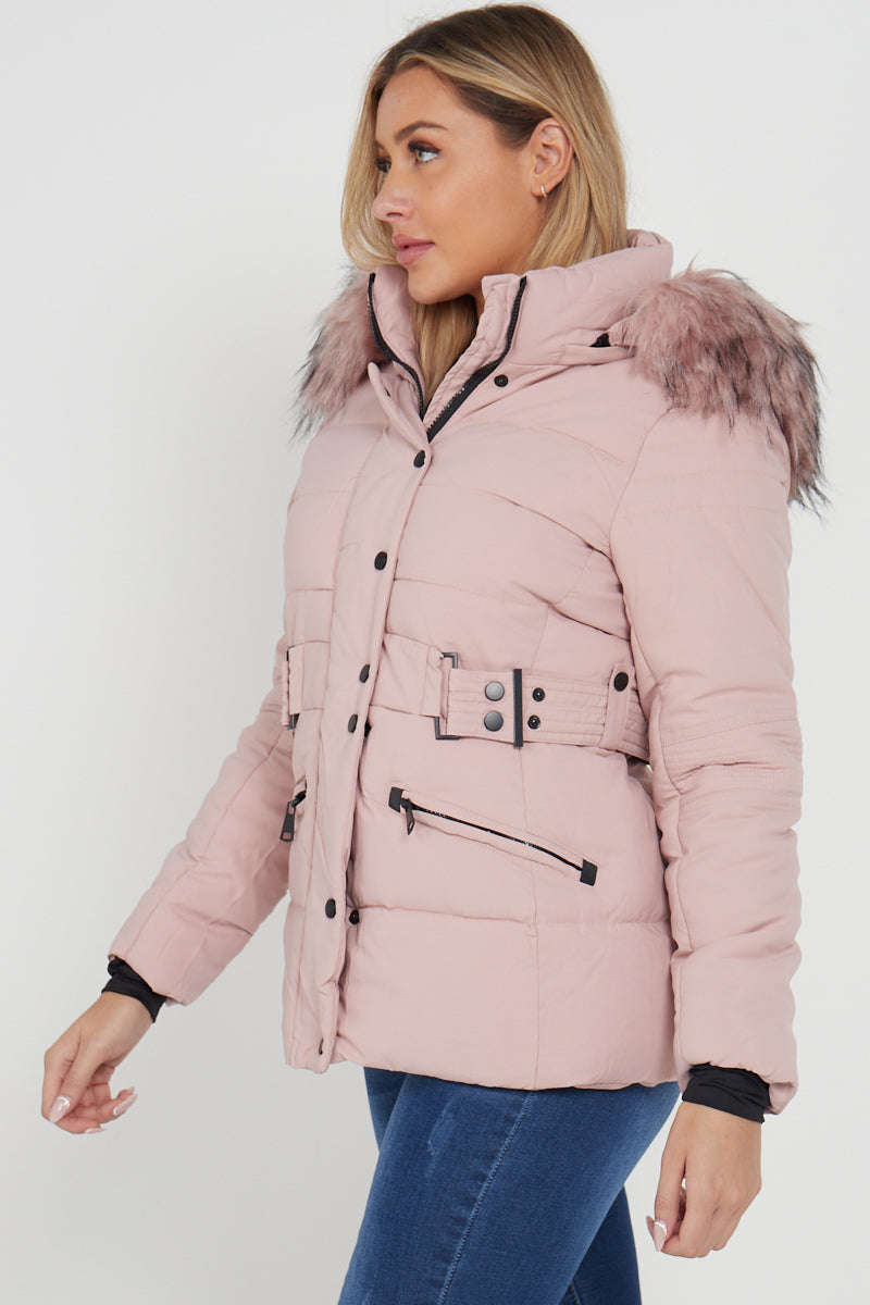 Pink Chunky Faux Fur Hood Padded Puffer Jacket - Lucy - Storm Desire