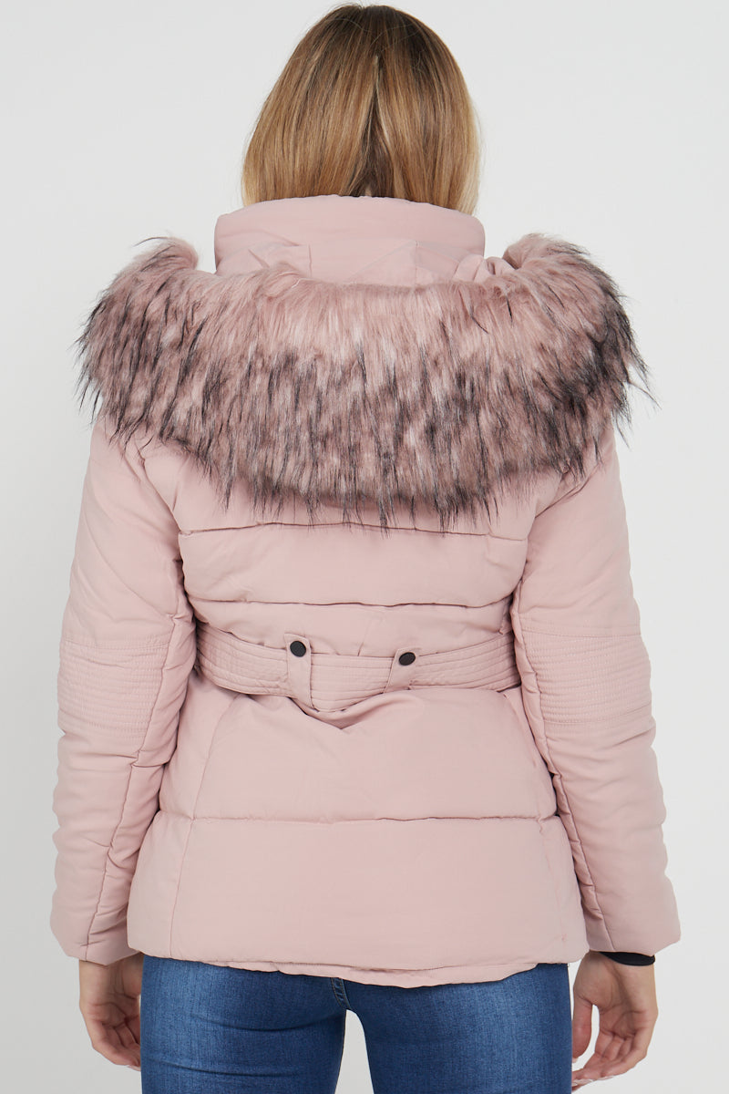 Pink Chunky Faux Fur Hood Padded Puffer Jacket - Lucy - Storm Desire