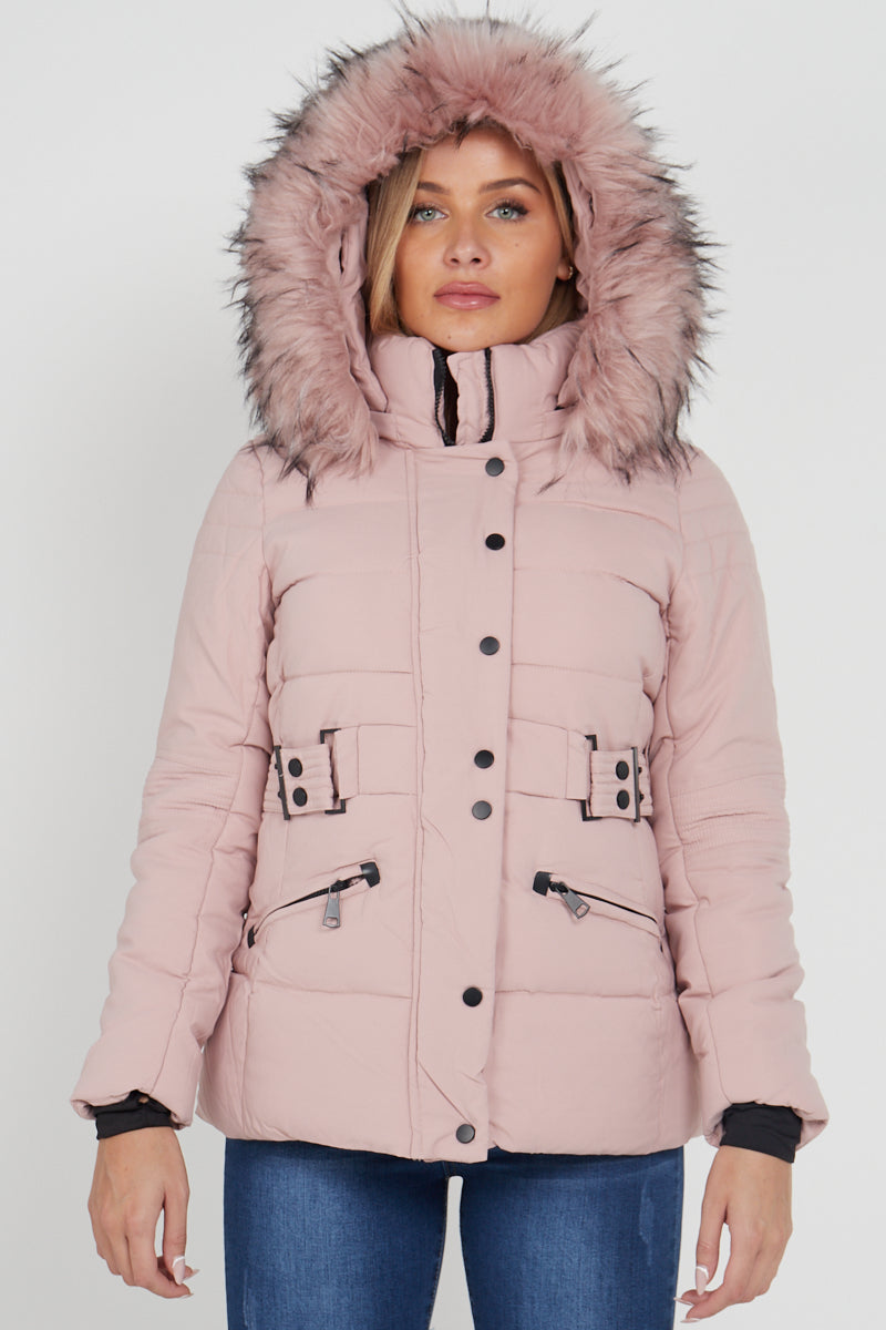 Pink Chunky Faux Fur Hood Padded Puffer Jacket - Lucy - Storm Desire