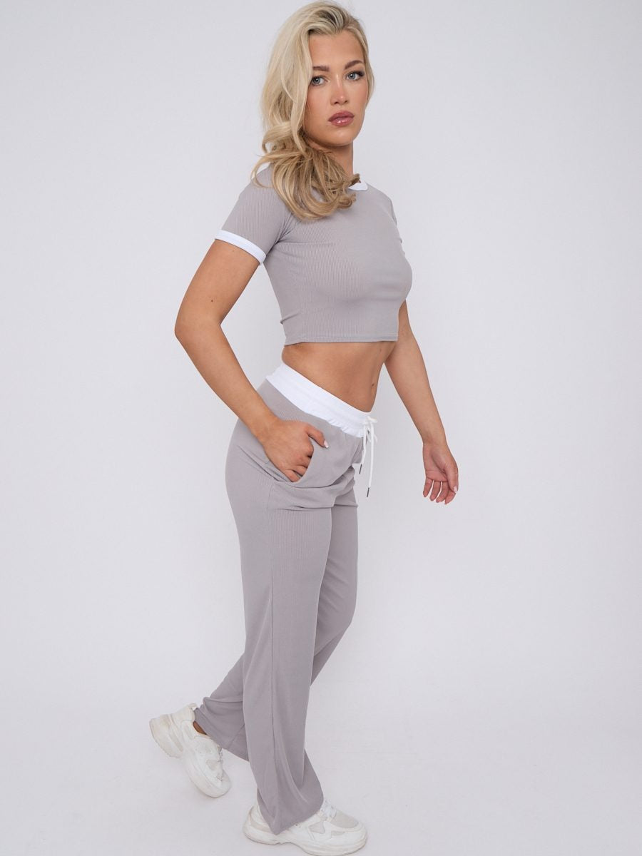 Ribbed Crop Top & Wide Leg Trouser Co-ord - Magnolia - Storm Desire