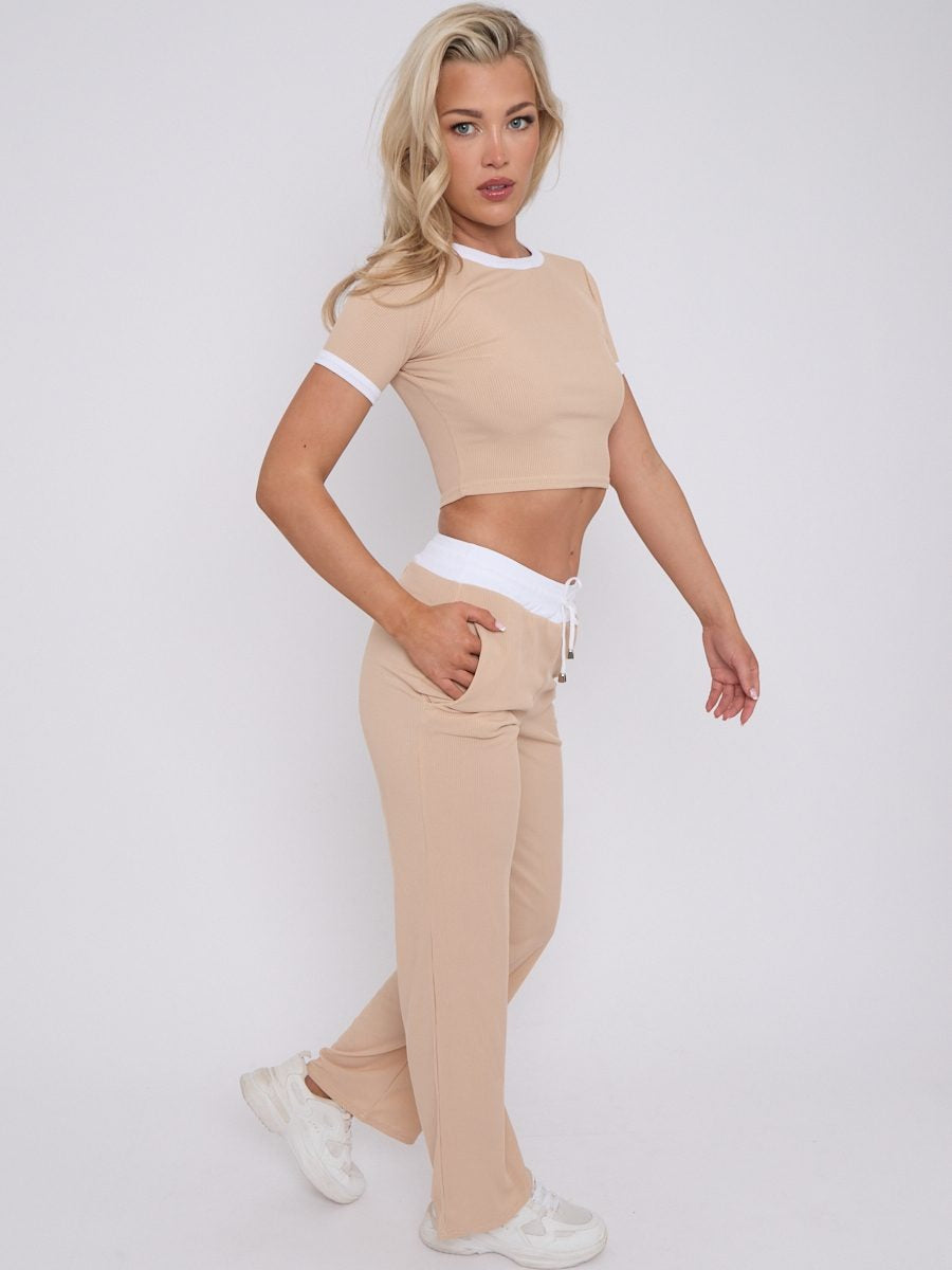 Ribbed Crop Top & Wide Leg Trouser Co-ord - Magnolia - Storm Desire