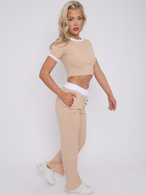 Ribbed Crop Top & Wide Leg Trouser Co-ord - Magnolia - Storm Desire