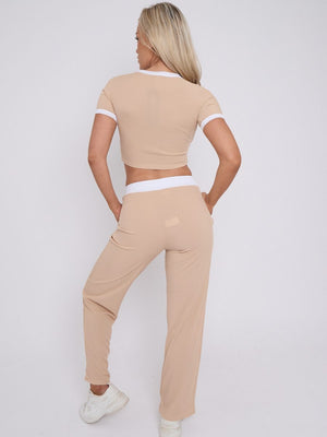 Ribbed Crop Top & Wide Leg Trouser Co-ord - Magnolia - Storm Desire