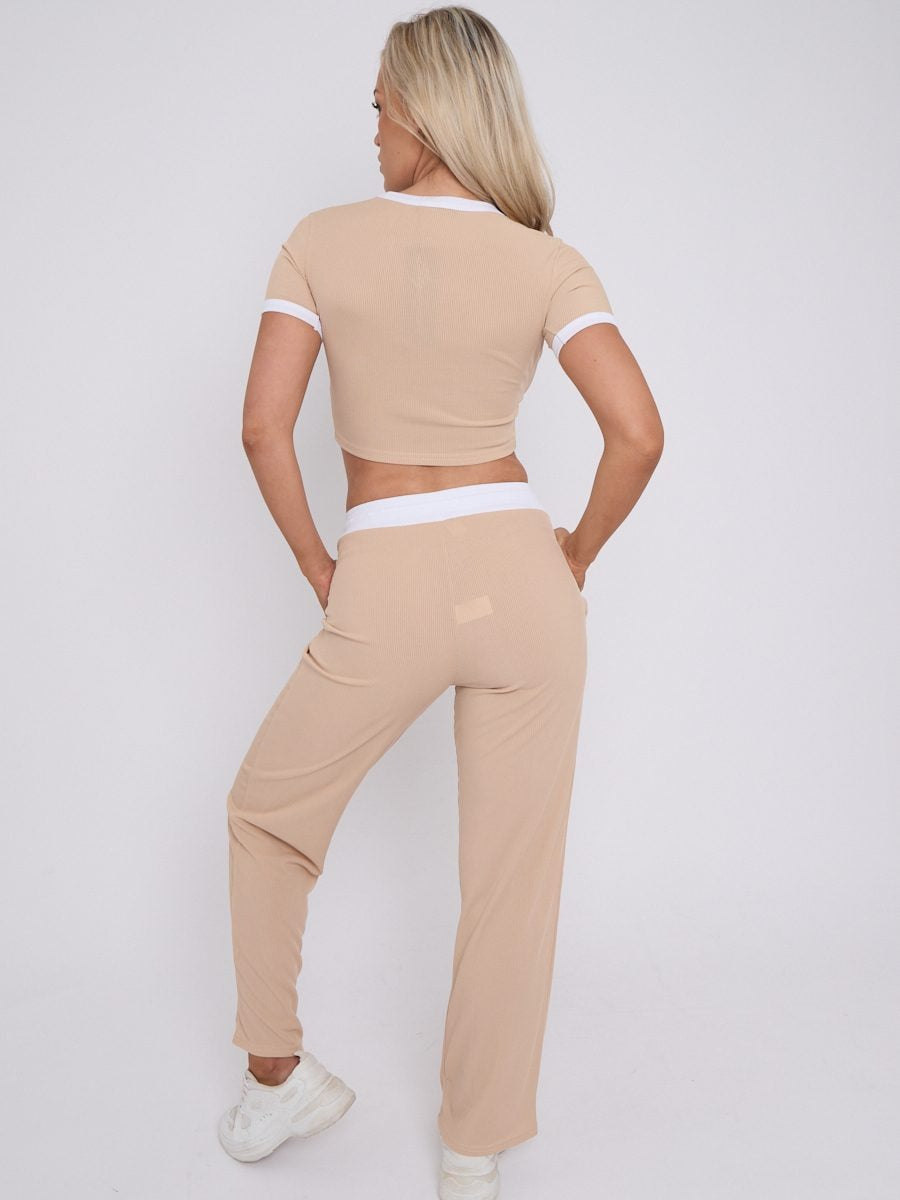 Ribbed Crop Top & Wide Leg Trouser Co-ord - Magnolia - Storm Desire