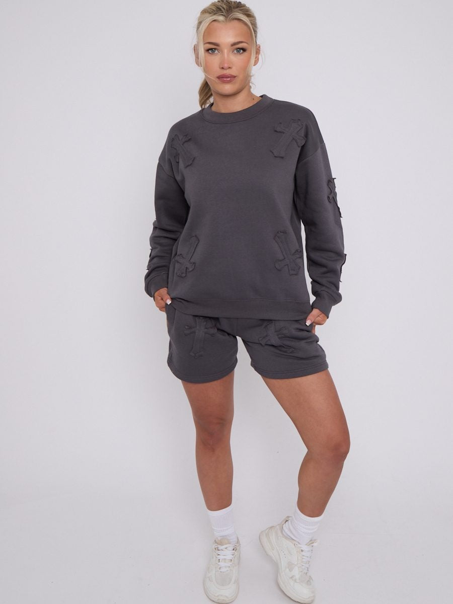 Crucifix Cross Sweatshirt & Shorts Fleece Set - Valerie - Storm Desire