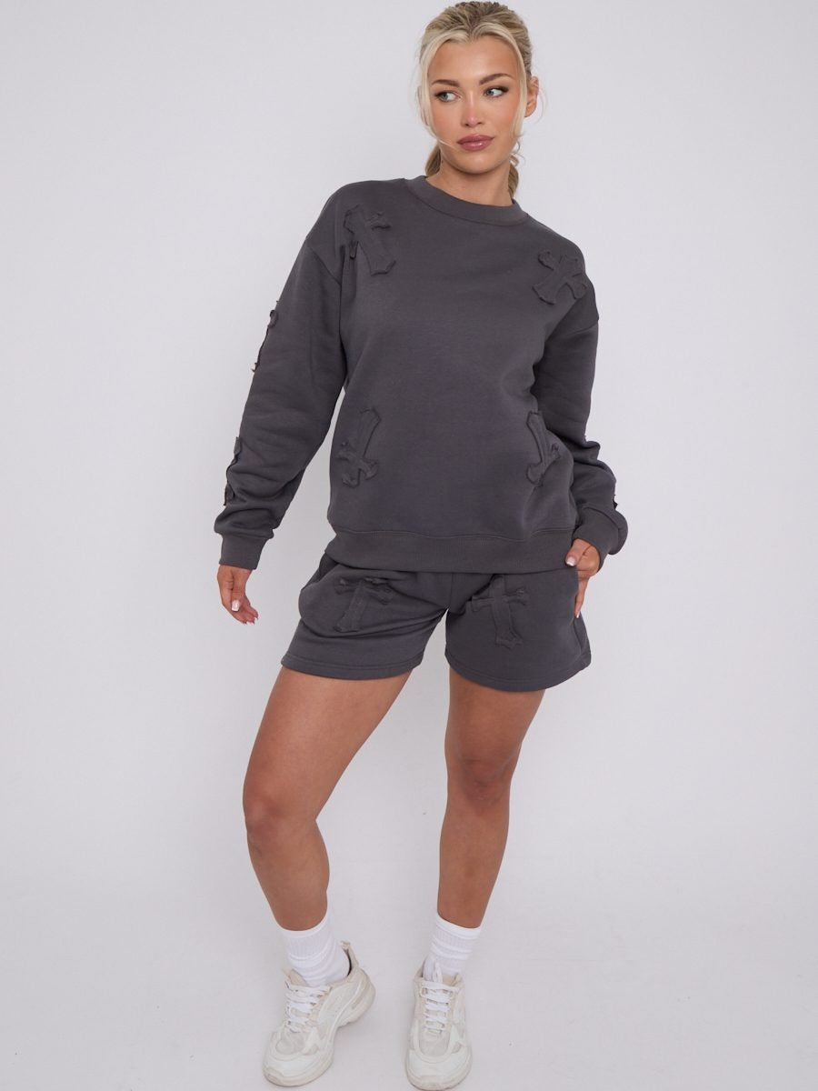 Crucifix Cross Sweatshirt & Shorts Fleece Set - Valerie - Storm Desire