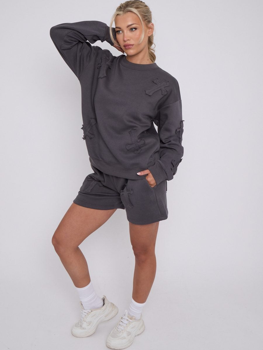 Crucifix Cross Sweatshirt & Shorts Fleece Set - Valerie - Storm Desire