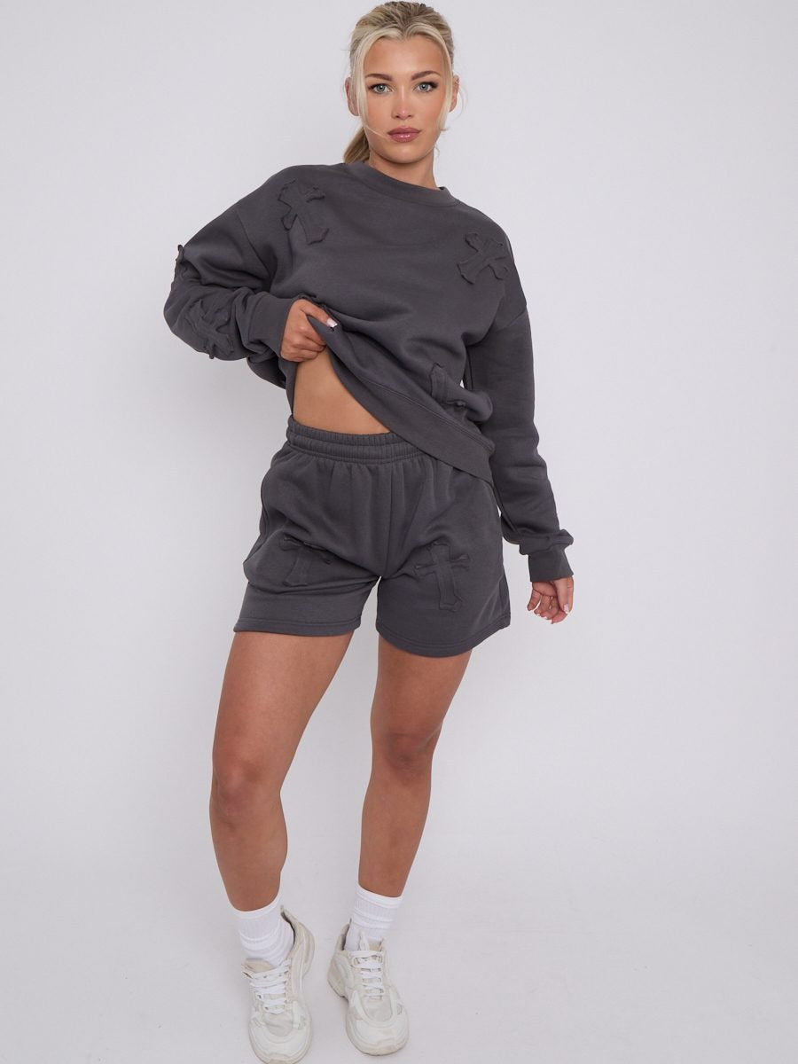 Crucifix Cross Sweatshirt & Shorts Fleece Set - Valerie - Storm Desire
