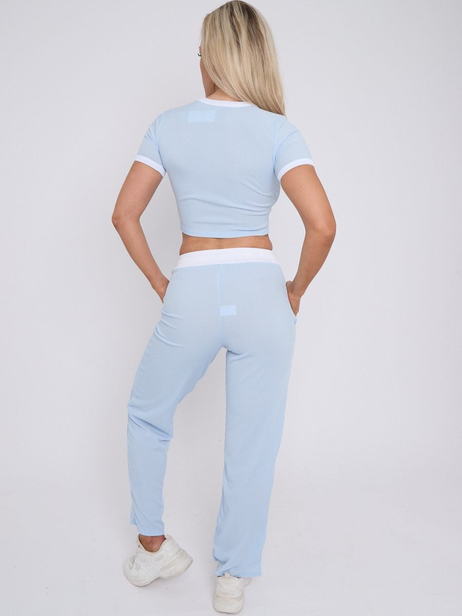Ribbed Crop Top & Wide Leg Trouser Co-ord - Magnolia - Storm Desire
