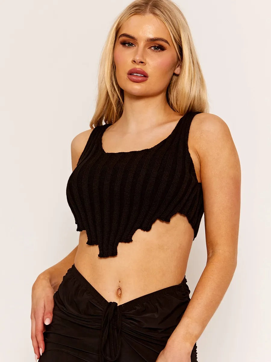 Black Asymmetric Hem Knitted Vest Crop Top - Annika - Storm Desire