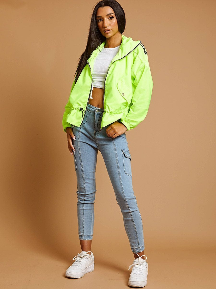 Neon Yellow High Neck Hooded Festival Jacket - Parker - Storm Desire