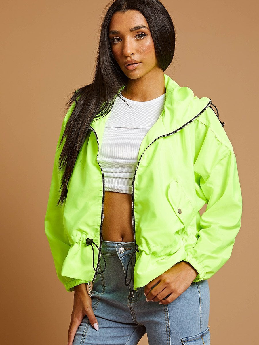 Neon Yellow High Neck Hooded Festival Jacket - Parker - Storm Desire