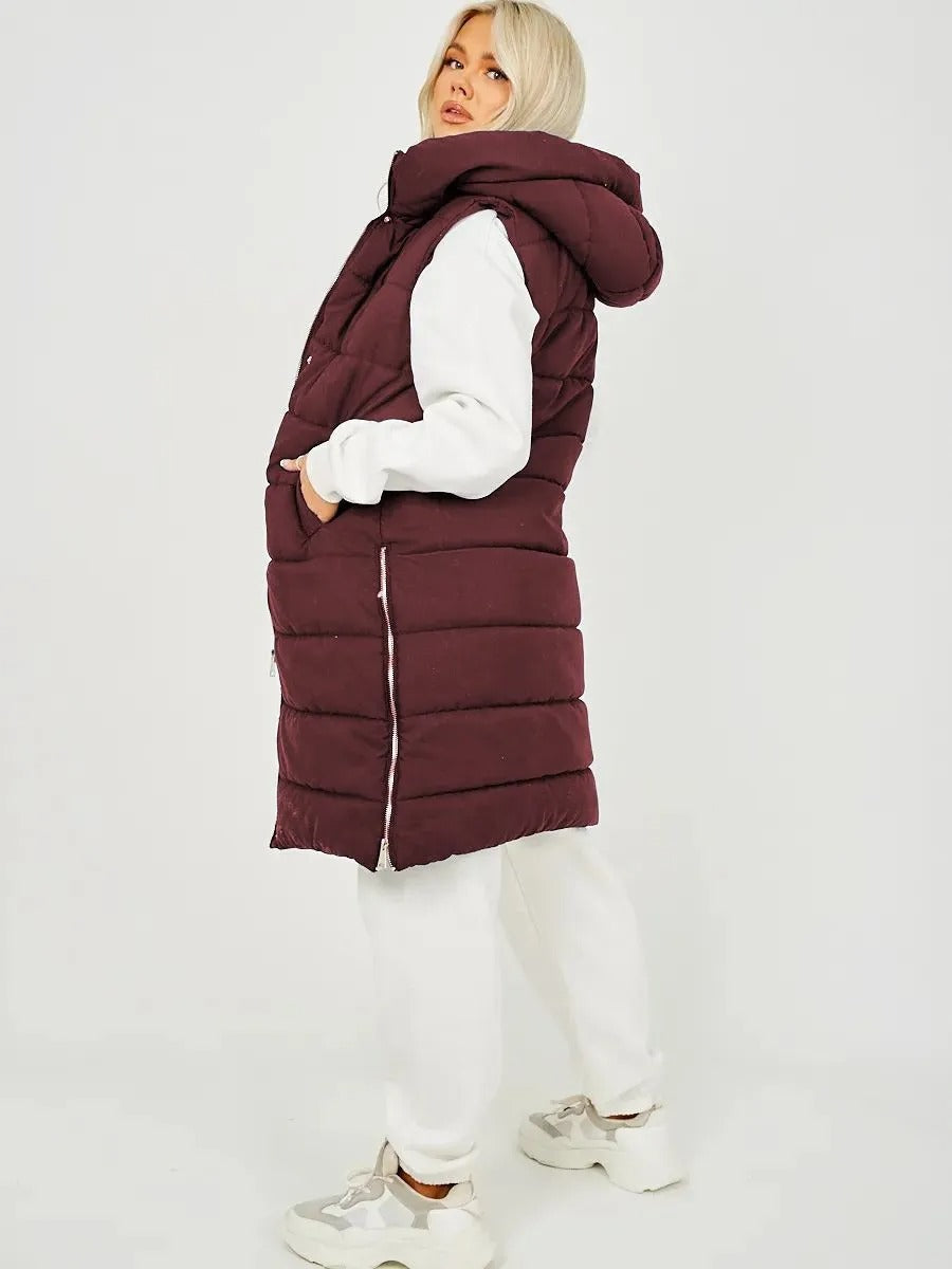 Wine Longline Padded Hooded Gilet - Jayla - Storm Desire