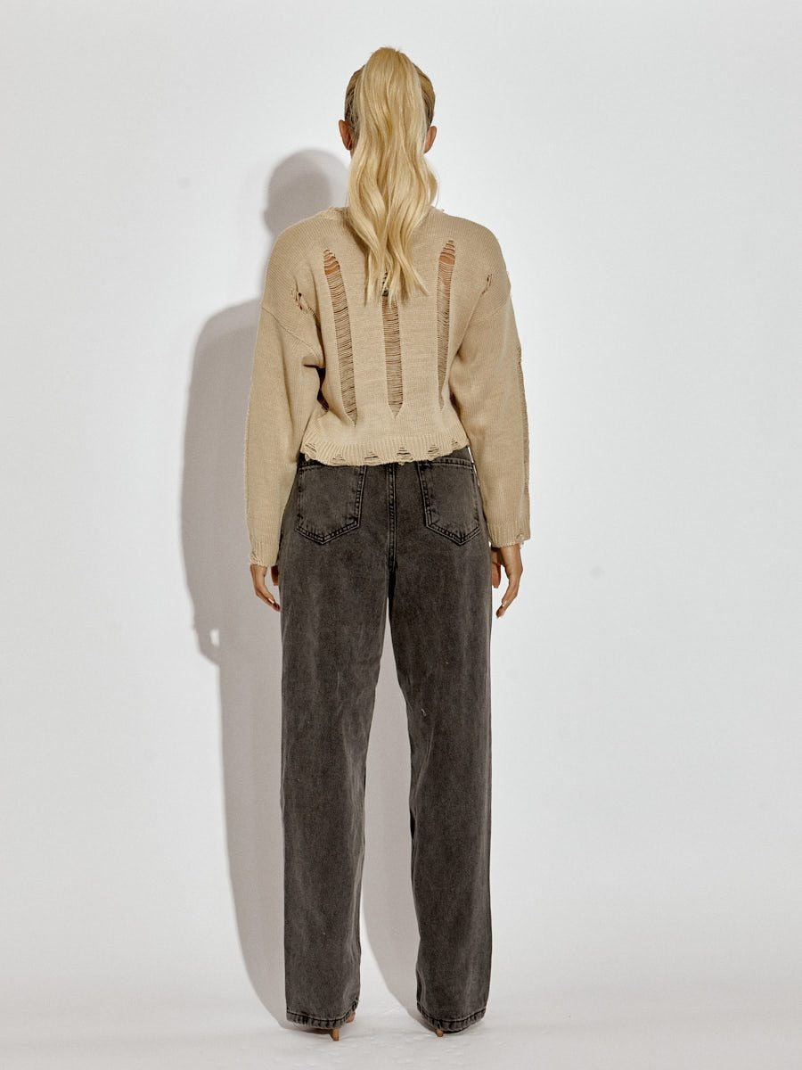 Beige Distressed Knitted Crop Jumper - Elina - Storm Desire