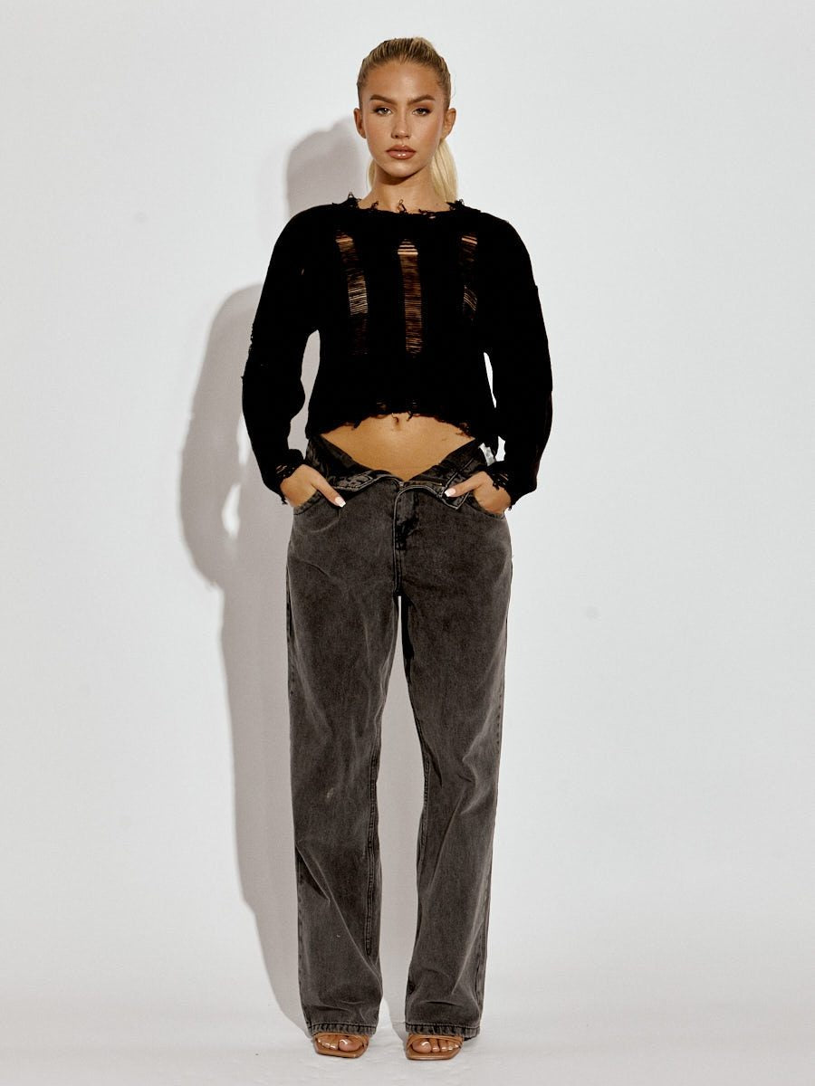 Black Distressed Knitted Crop Jumper - Elina - Storm Desire