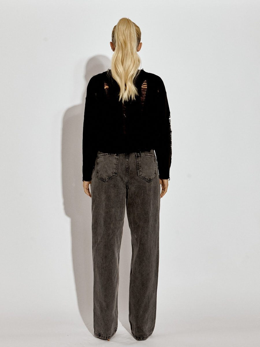 Black Distressed Knitted Crop Jumper - Elina - Storm Desire