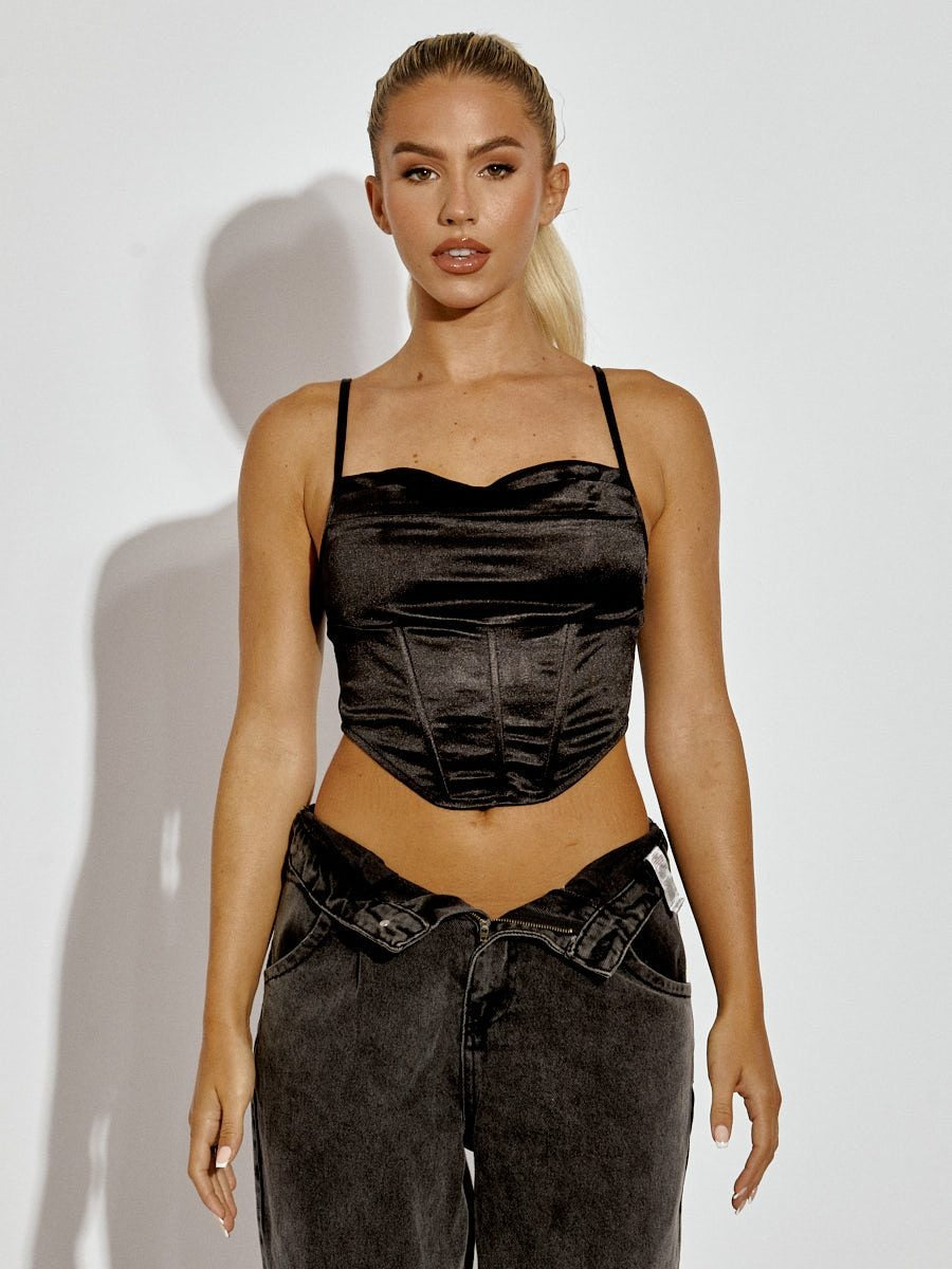 Black Corset Style Satin Cami Crop Top - Marianna - Storm Desire