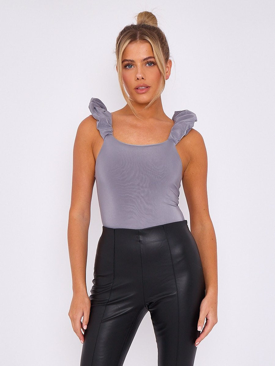 Grey Ruched Shoulder Slinky Bodysuit - Gianna - Storm Desire