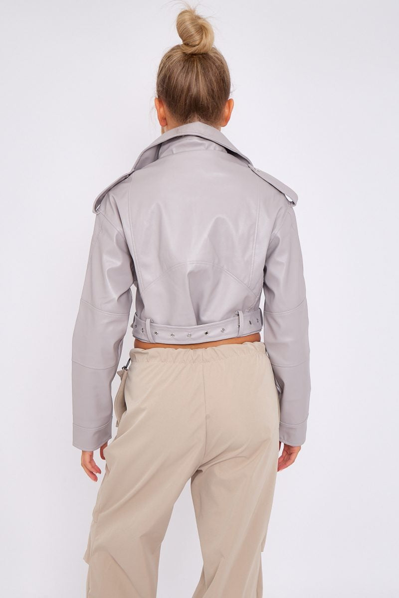 Grey Faux Leather Zipped Biker Jacket - Juniper - Storm Desire